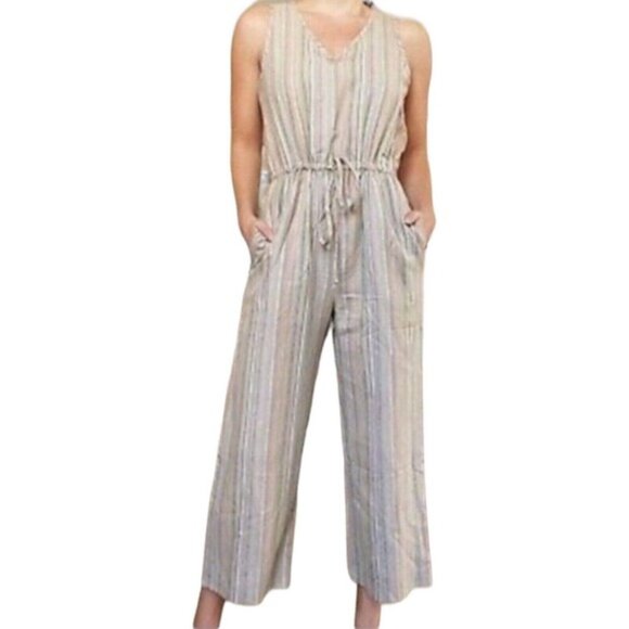 DREW Nwt Striped Cotton Jumpsuit L Tan Pink White Sleeveless Crop Anthropologie - Picture 2 of 12